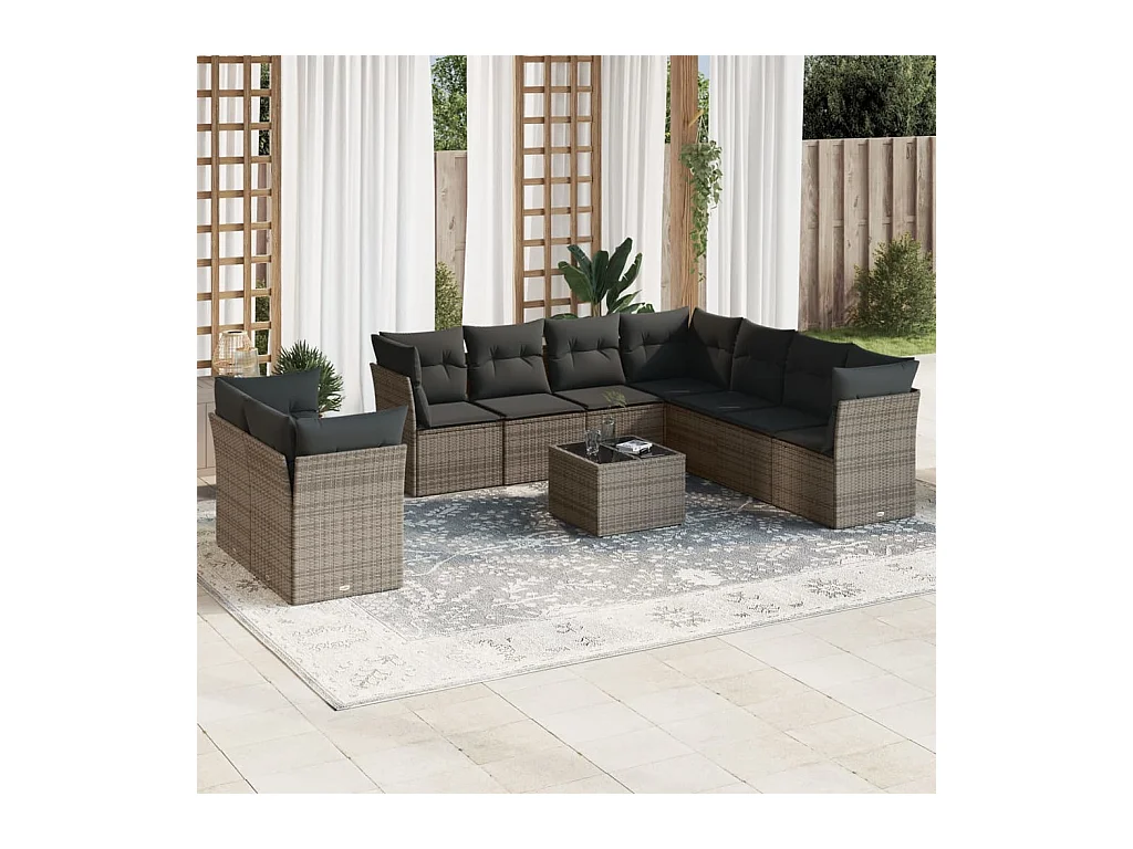 Salon de jardin avec coussins 10 pcs gris résine tressée