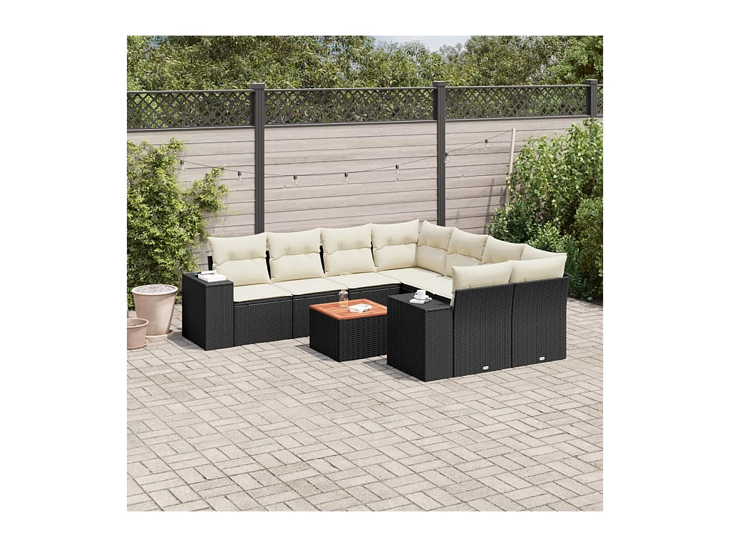 Salon de jardin 9 pcs avec coussins noir résine tressée