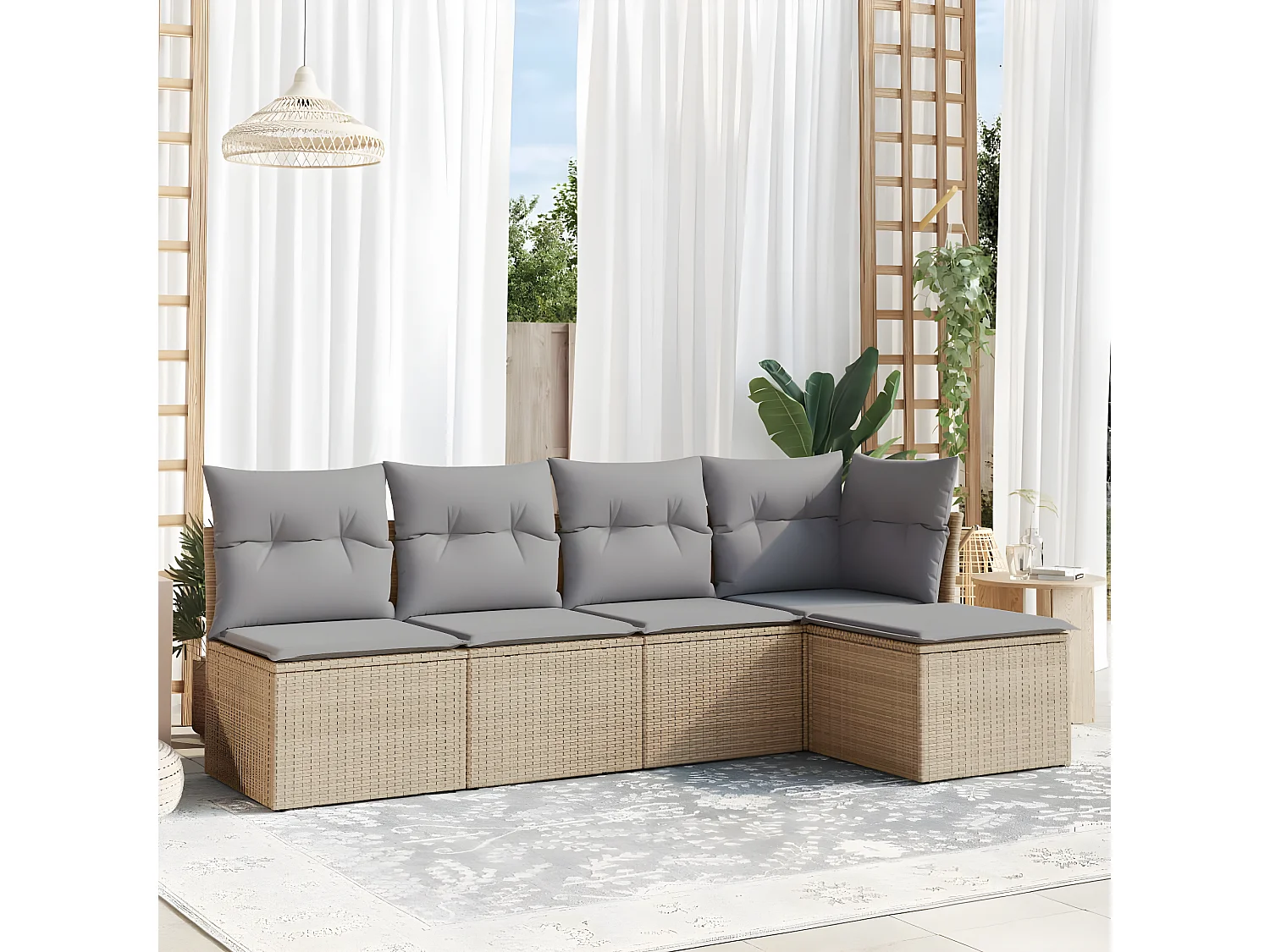 Set Divano da Giardino 5 pz con Cuscini Beige in Polyrattan