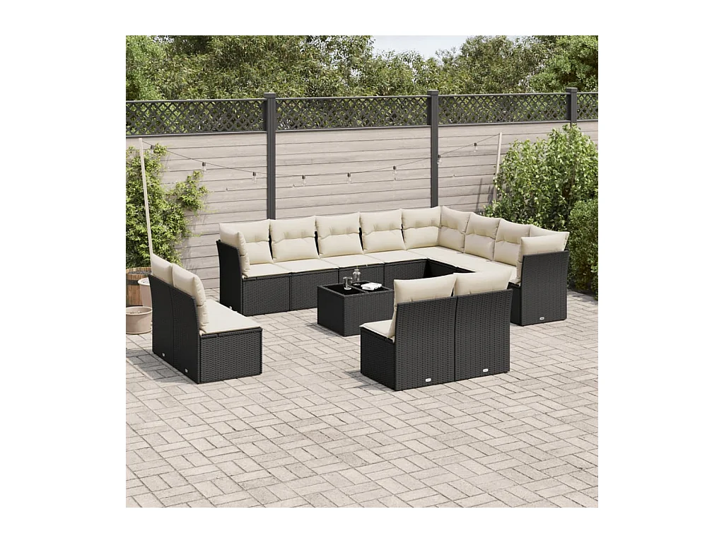 13-delige Loungeset met kussens poly rattan zwart