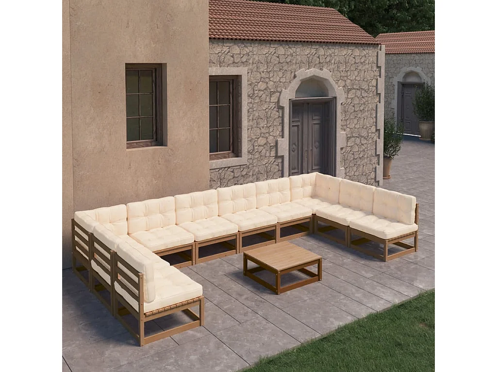 11-delige Loungeset met kussens massief grenenhout honingbruin