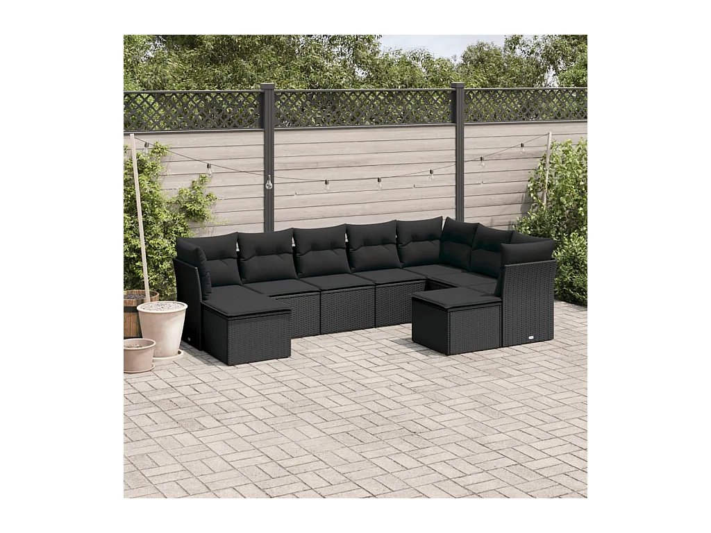 9-delige Loungeset met kussens poly rattan zwart