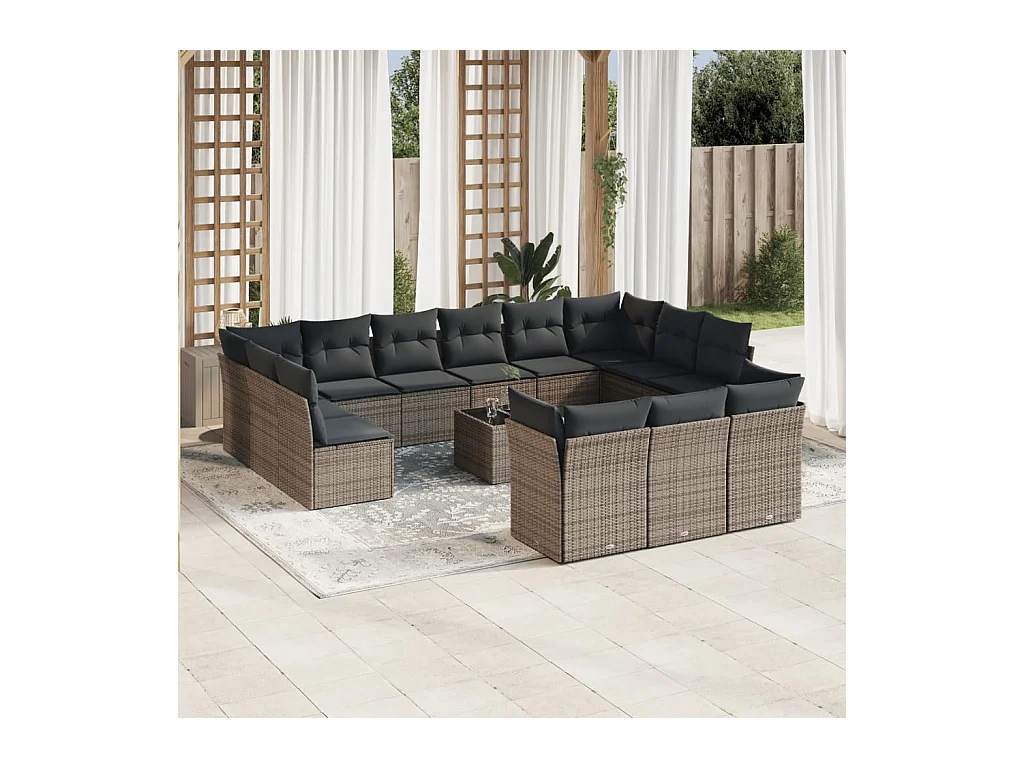 Salon de jardin avec coussins 14 pcs gris résine tressée