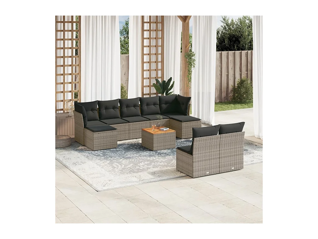 Salon de jardin avec coussins 10 pcs gris résine tressée