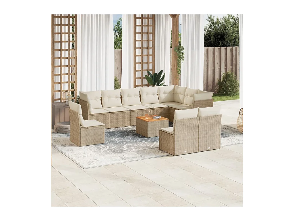 Salon de jardin 11 pcs avec coussins beige résine tressée