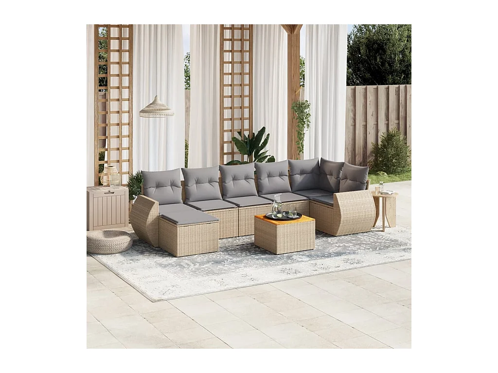 8-delige Loungeset met kussens poly rattan beige