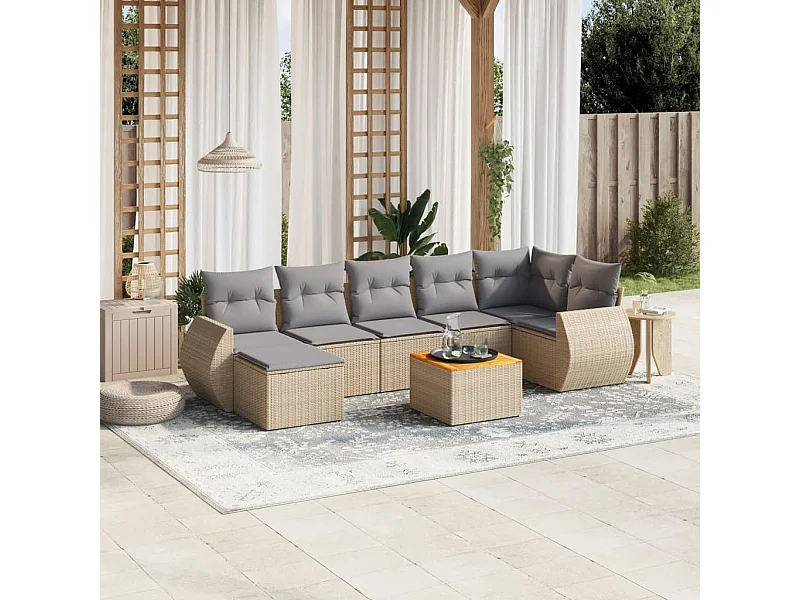 Set Divano da Giardino 8 pz con Cuscini Beige in Polyrattan