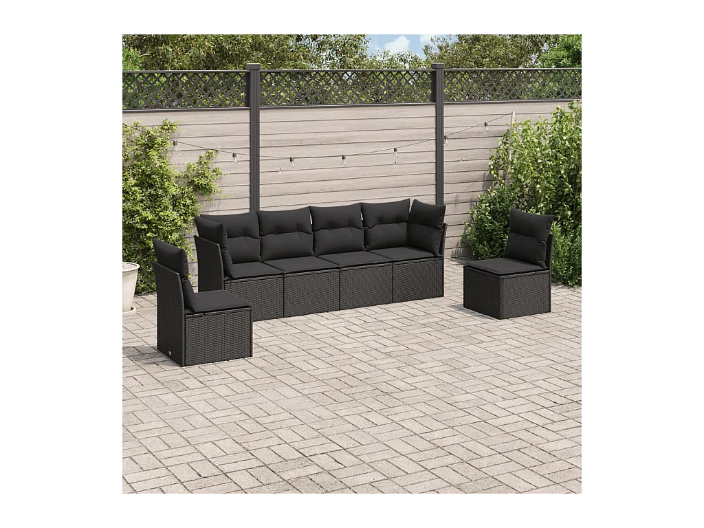 Salon de jardin 6 pcs avec coussins noir résine tressée