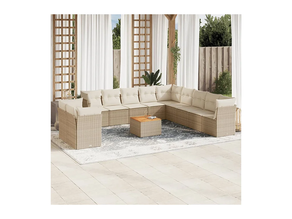 Salon de jardin avec coussins 12 pcs beige résine tressée