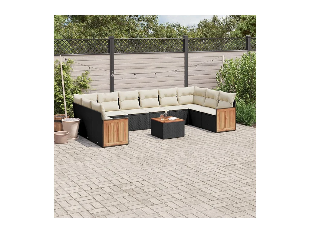 Salon de jardin 11 pcs avec coussins noir résine tressée