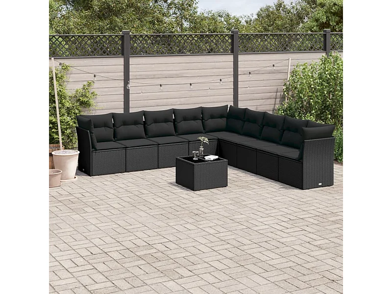 10-delige Loungeset met kussens poly rattan zwart