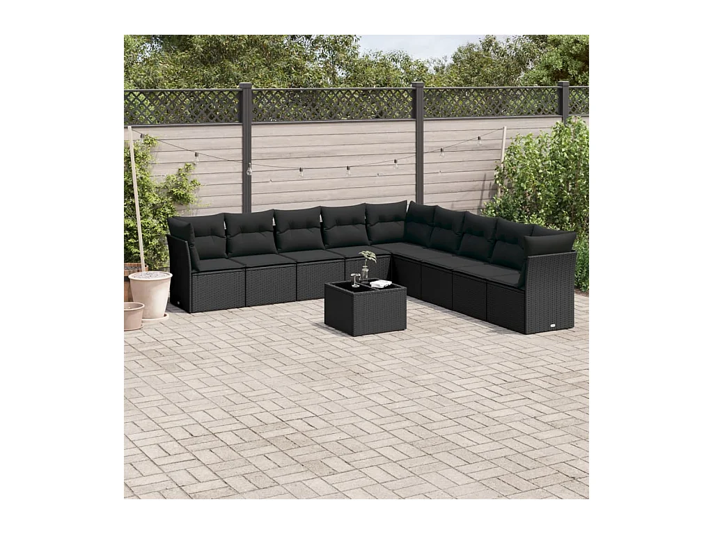 Salon de jardin 10 pcs avec coussins noir résine tressée