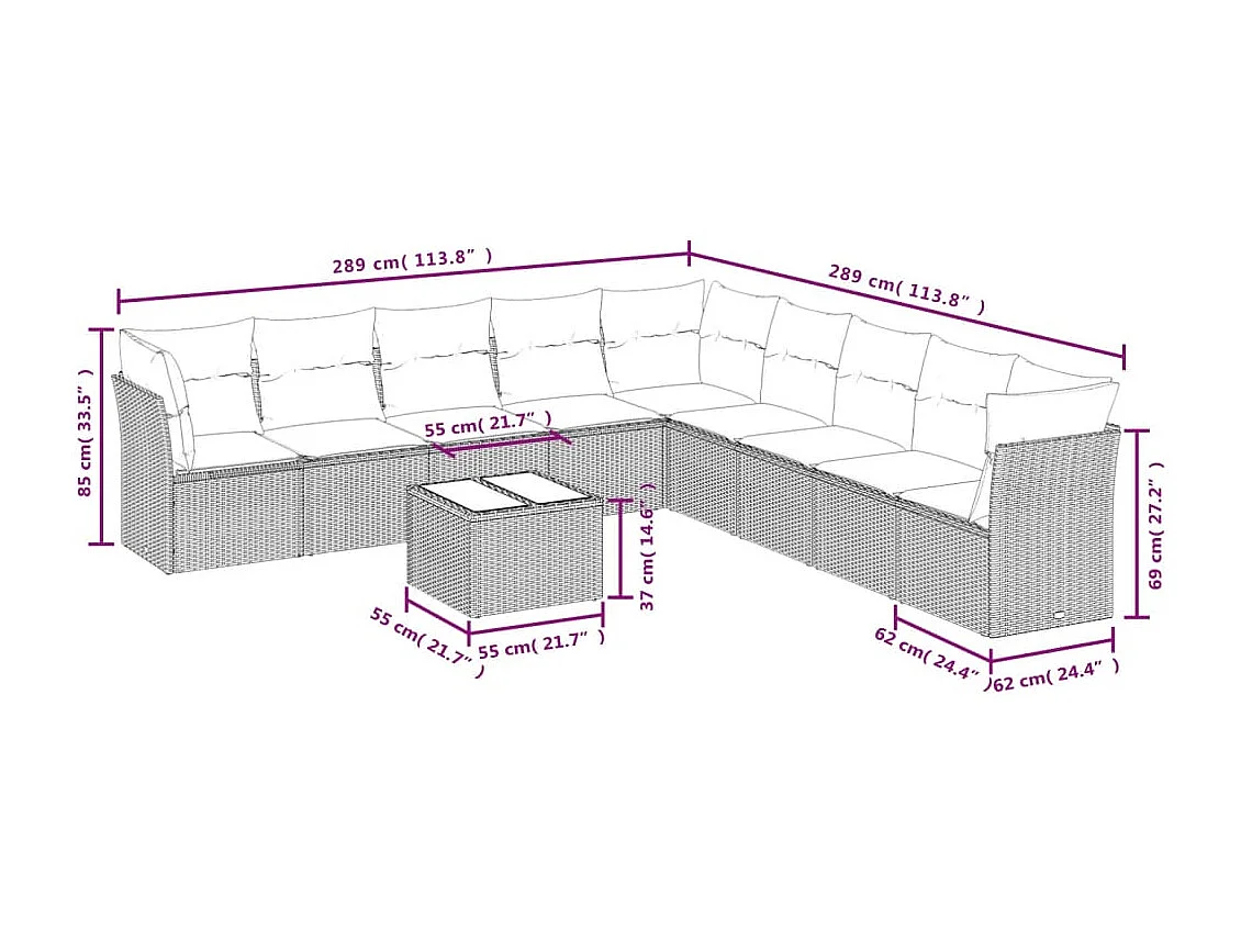 Salon de jardin 10 pcs avec coussins noir résine tressée