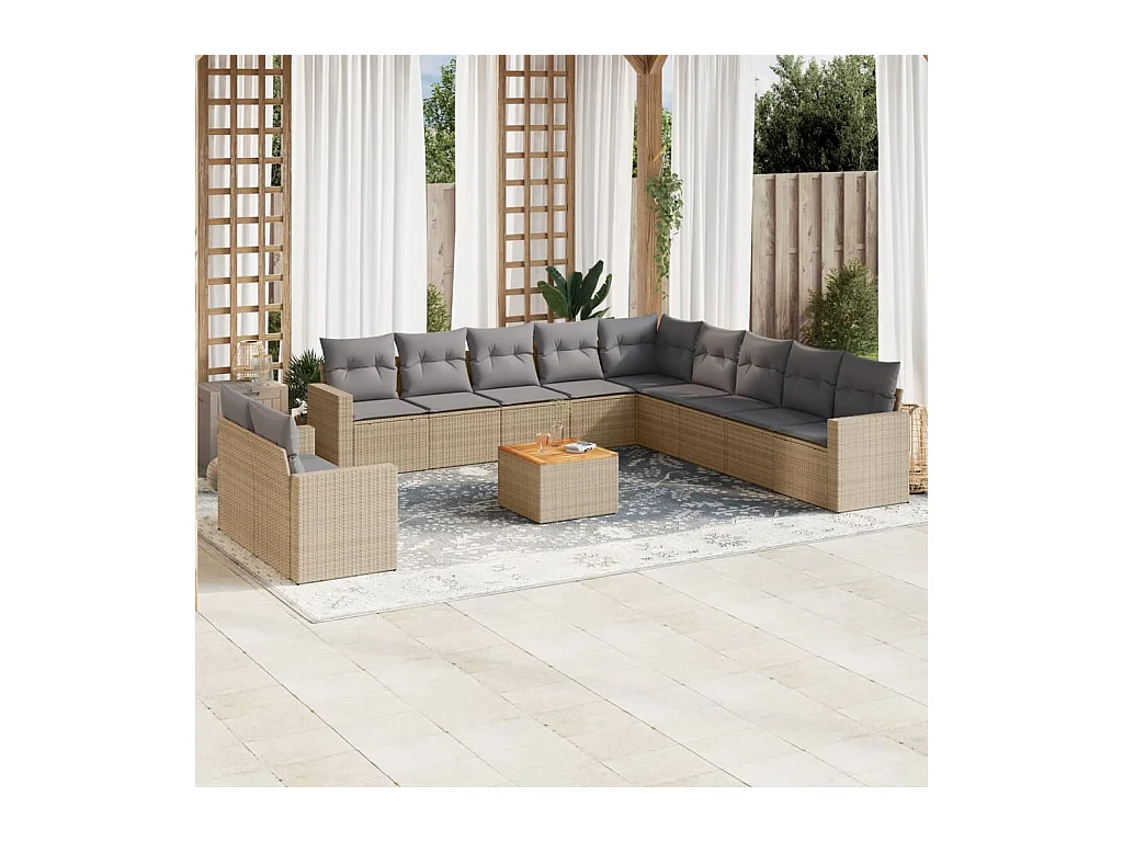 Salon de jardin avec coussins 12 pcs beige résine tressée