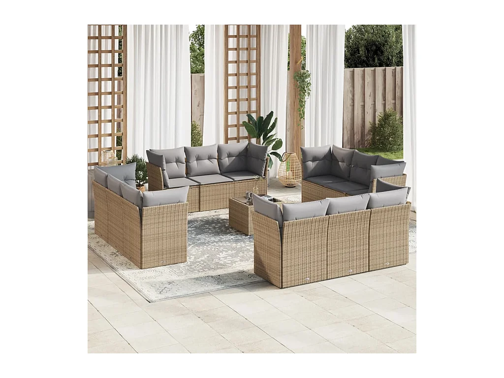Salon de jardin avec coussins 13 pcs beige résine tressée