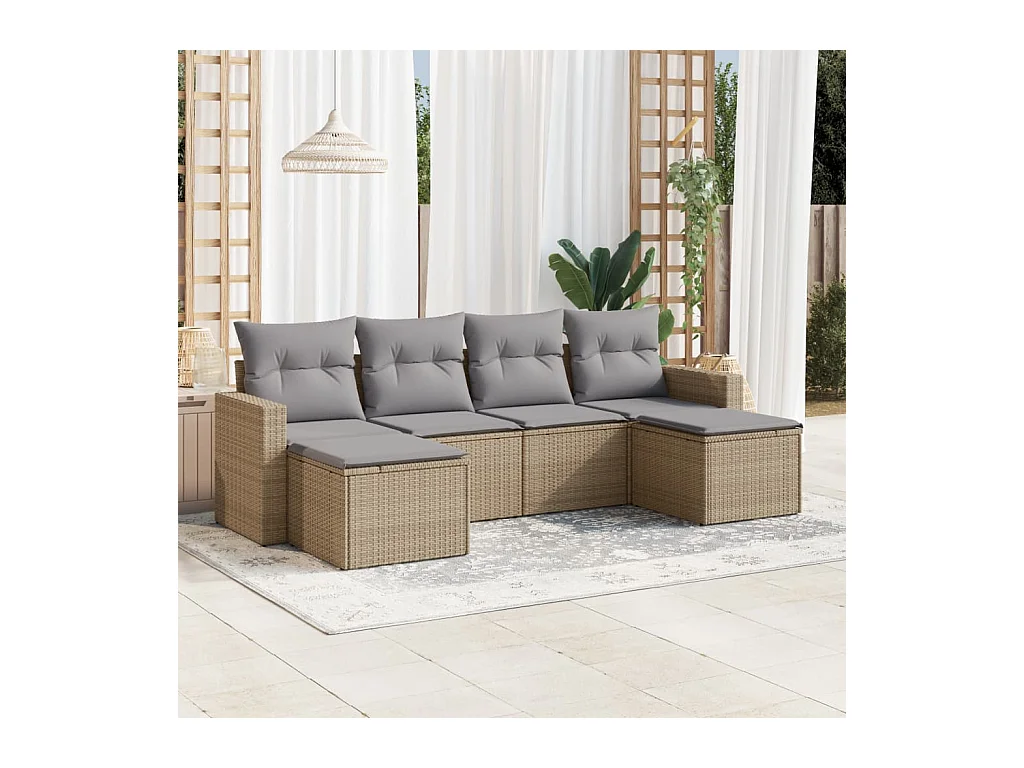 6-tlg. Garten-Sofagarnitur mit Kissen Beige Poly Rattan