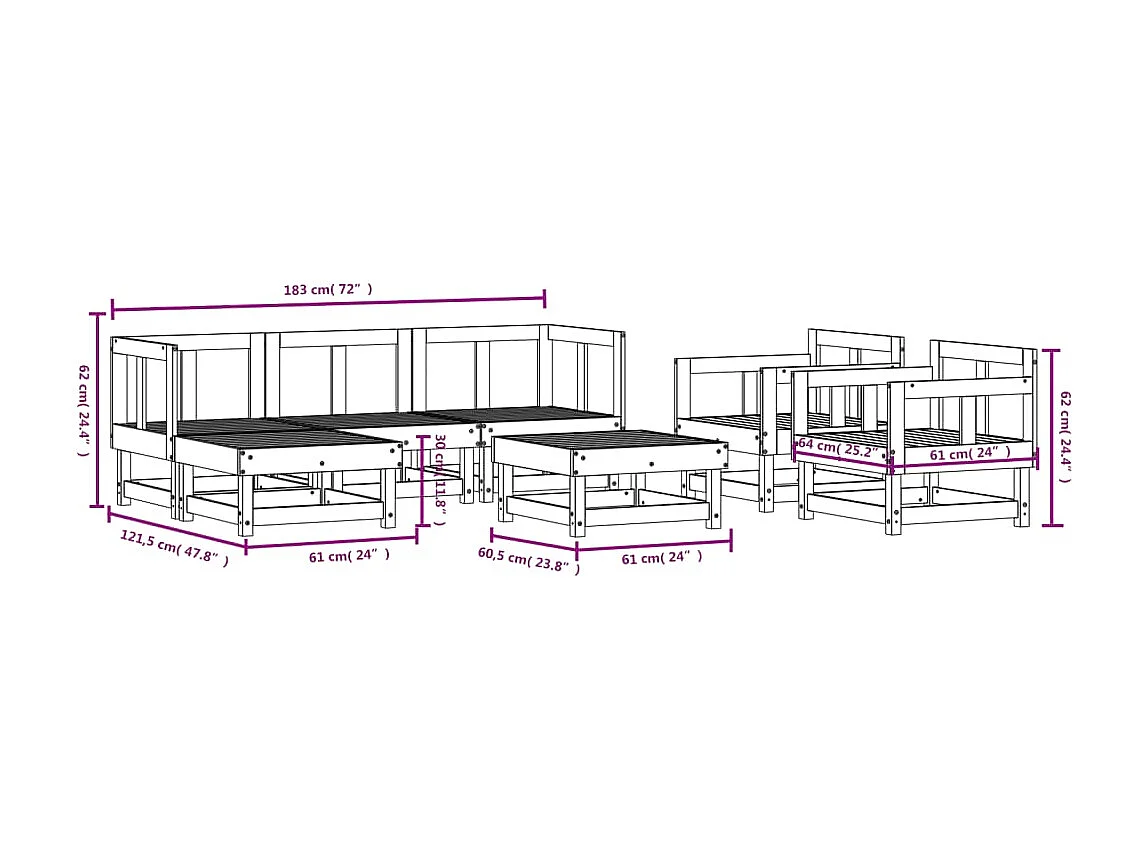 7-delige Loungeset massief grenenhout wit