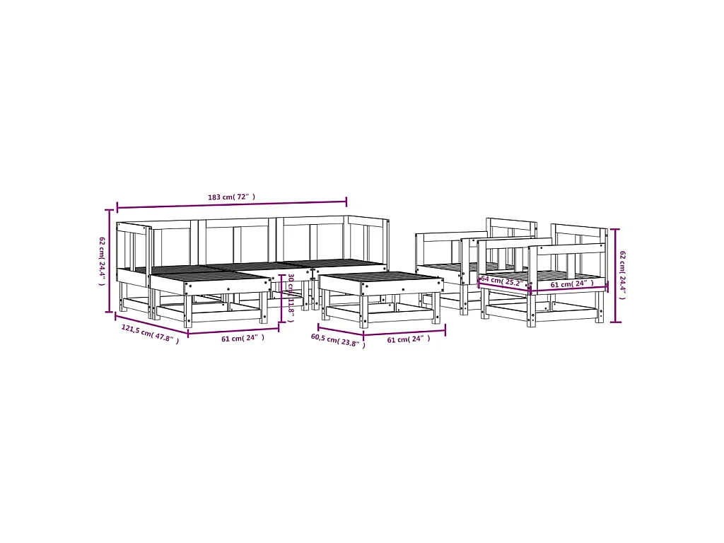 Set Salotto da Giardino 7 pz Bianco in Legno Massello di Pino