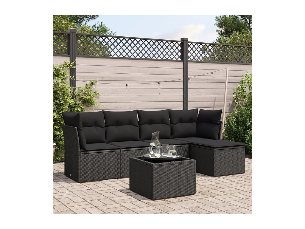 6-delige Loungeset met kussens poly rattan zwart