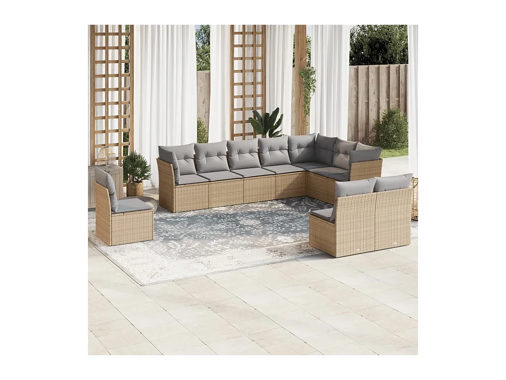 10-tlg. Garten-Sofagarnitur mit Kissen Beige Poly Rattan