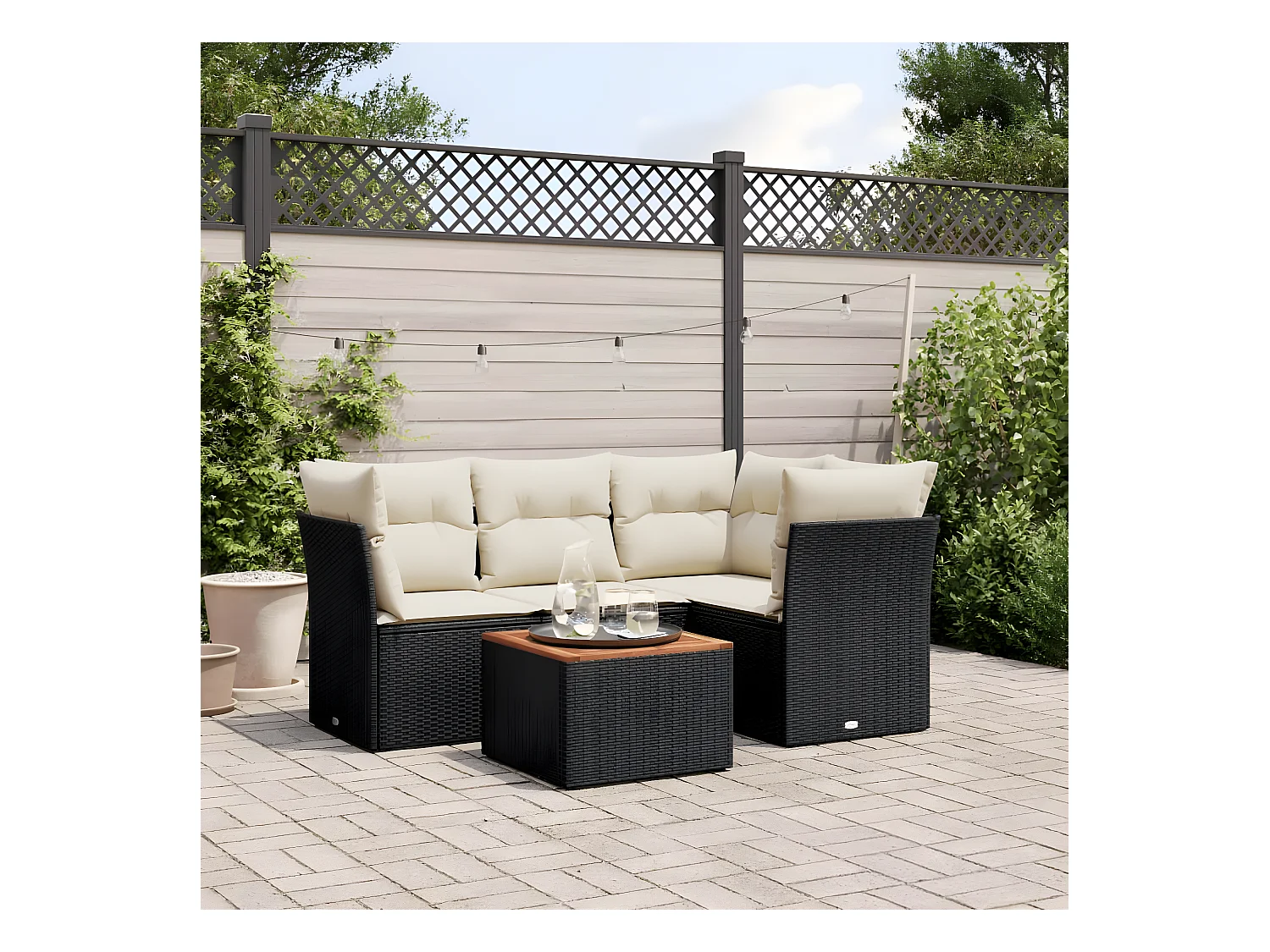 Salon de jardin 5 pcs avec coussins noir résine tressée
