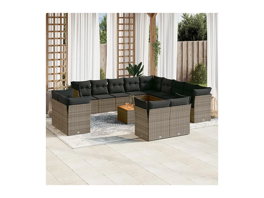 Salon de jardin avec coussins 14 pcs gris résine tressée