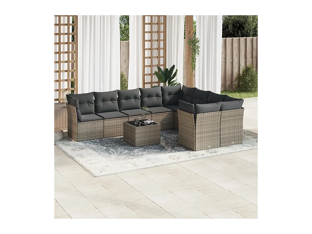 Salon de jardin avec coussins 10 pcs gris résine tressée