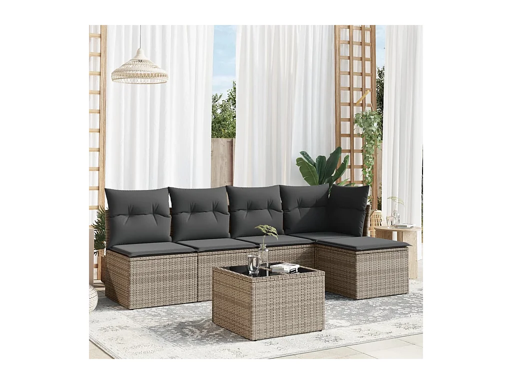 6-delige Loungeset met kussens poly rattan grijs