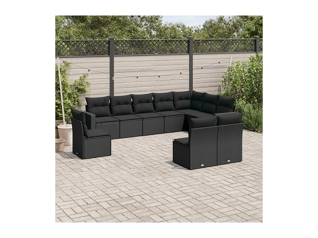 10-delige Loungeset met kussens poly rattan zwart