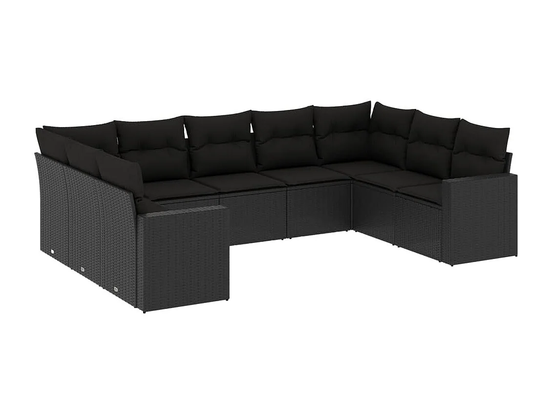 9-delige Loungeset met kussens poly rattan zwart
