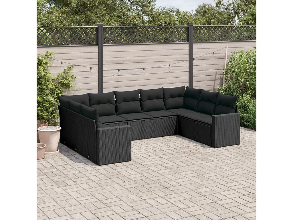 9-delige Loungeset met kussens poly rattan zwart