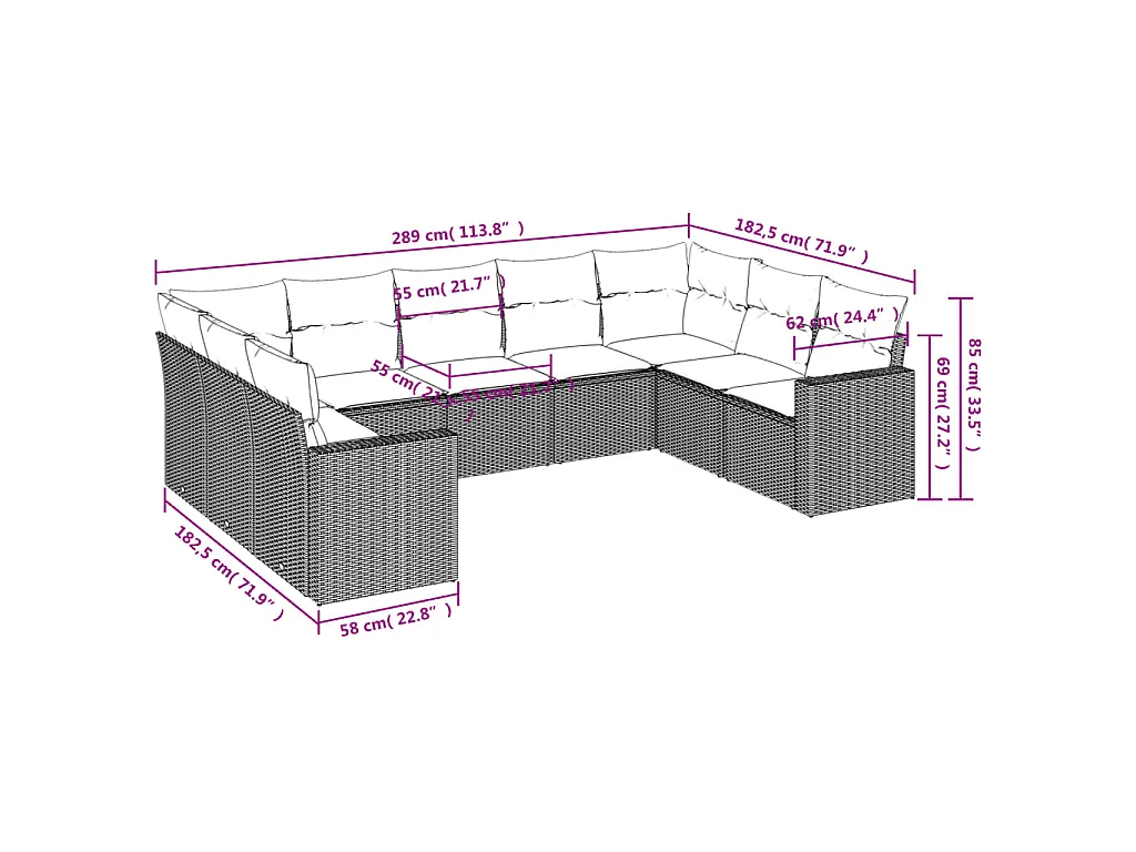 9-delige Loungeset met kussens poly rattan zwart