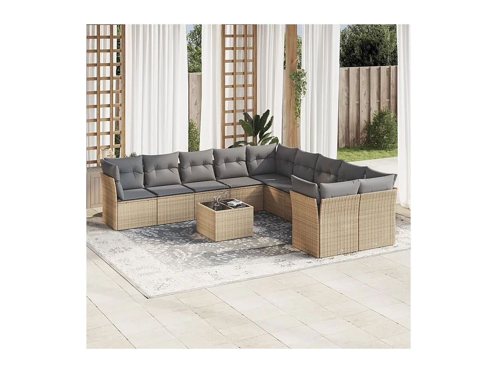 Set Divani da Giardino 11 pz con Cuscini Beige in Polyrattan