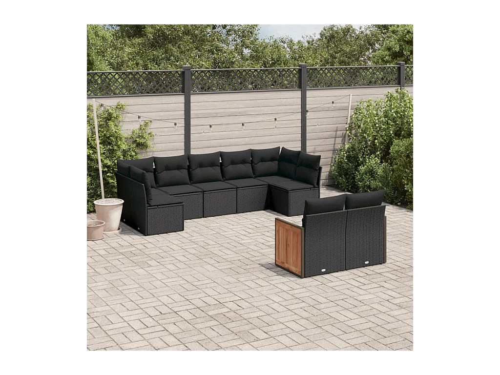 Set Divani da Giardino 9 pz con Cuscini Nero in Polyrattan