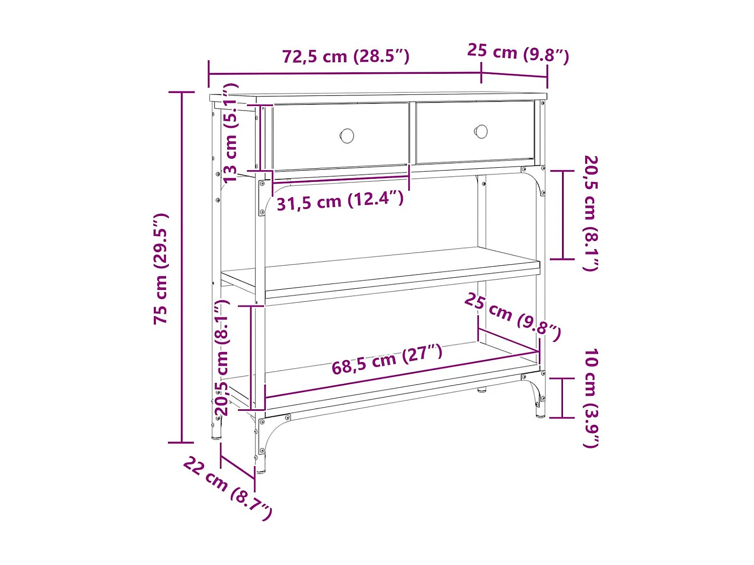 Table console sonoma gris 72,5x25x75 cm bois d'ingénierie
