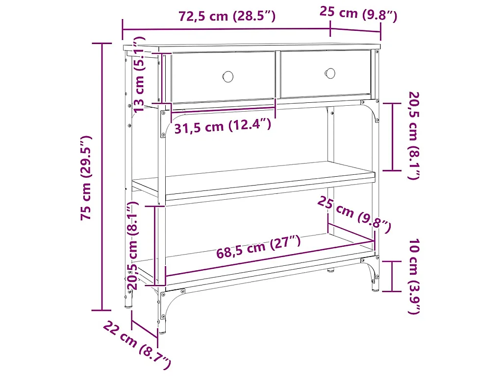 Konsolentisch Grau Sonoma 72,5x25x75 cm Holzwerkstoff