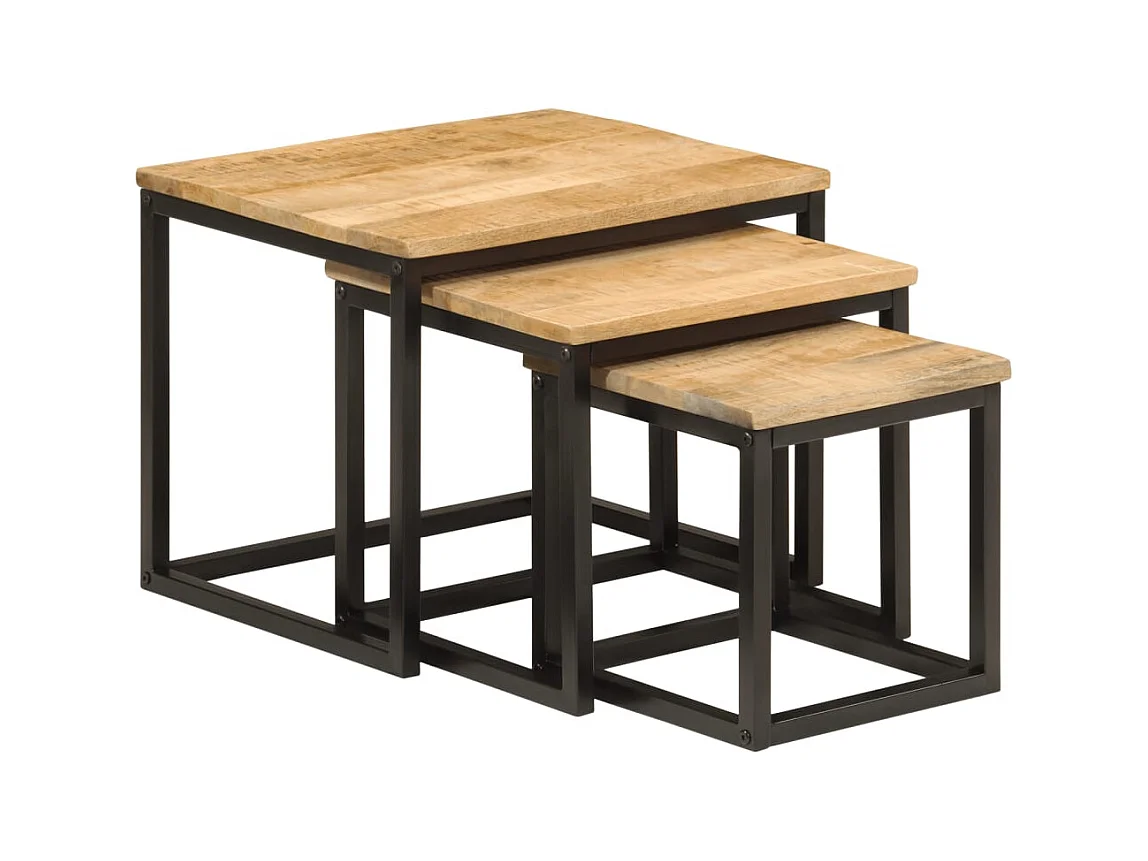 Tables basses gigognes 3 pcs bois massif de manguier et fer