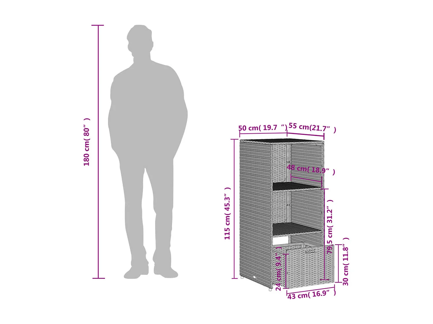 Armoire de rangement de jardin gris 50x55x115 cm résine tressée