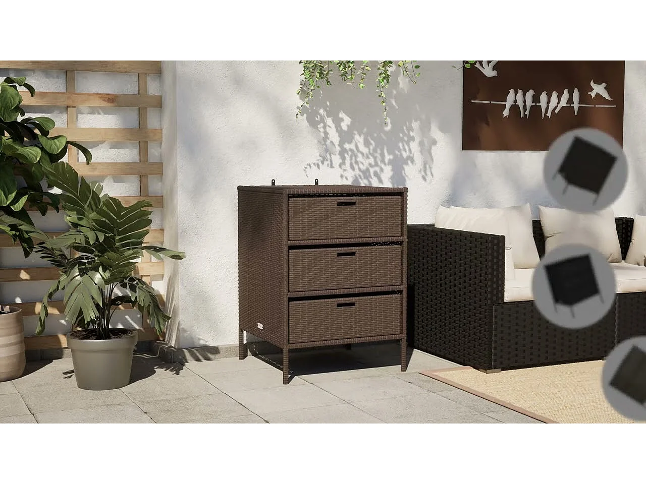 Armoire de rangement de jardin et 3 tiroirs gris résine tressée