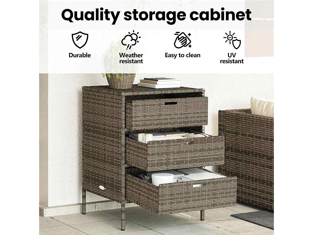 Armoire de rangement de jardin et 3 tiroirs gris résine tressée