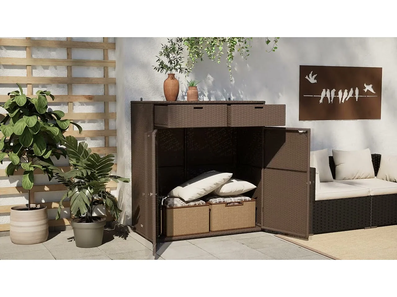 Armoire de rangement jardin marron 105x55x113 cm résine tressée