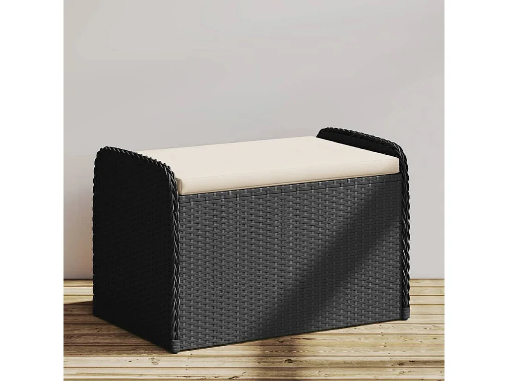 Banc de rangement avec coussin noir 80x51x52 cm résine tressée