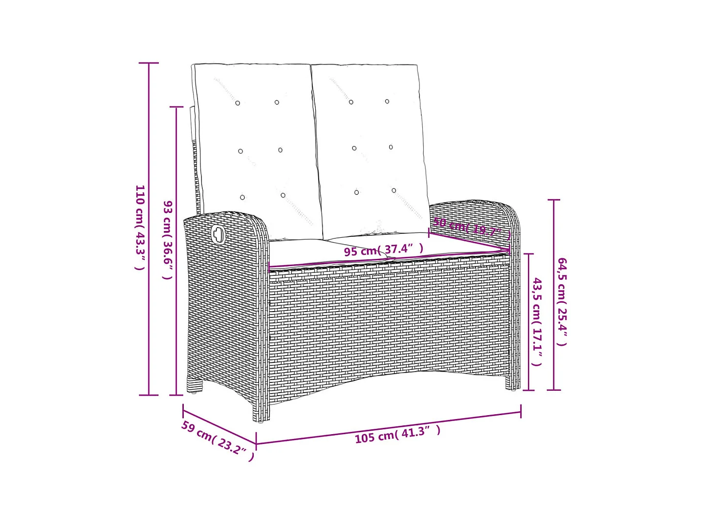 Gartenbank Verstellbar mit Kissen Grau Poly Rattan