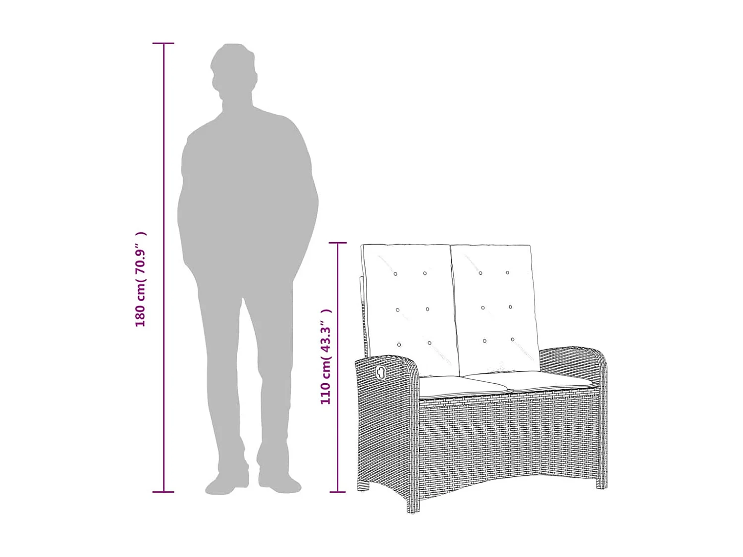 Banc inclinable de jardin avec coussins gris résine tressée