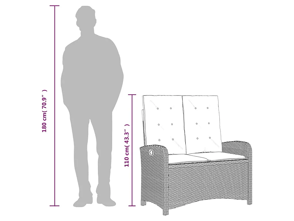 Banc inclinable de jardin avec coussins gris résine tressée