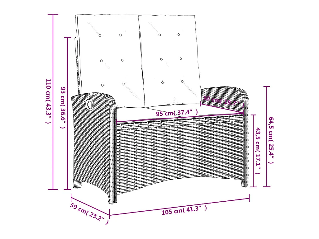 Banc inclinable de jardin avec coussins gris résine tressée