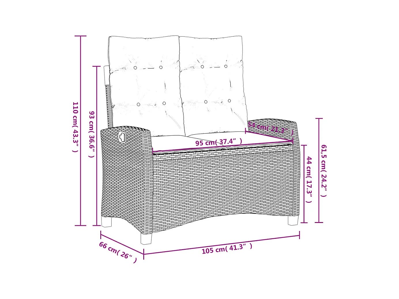 Gartenbank Verstellbar mit Kissen Schwarz Poly Rattan