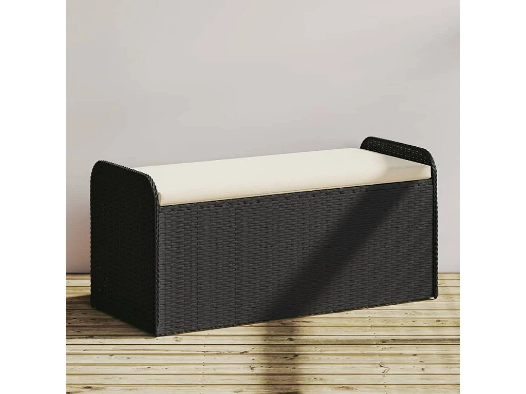 Banc de rangement avec coussin noir 115x51x52 cm résine tressée