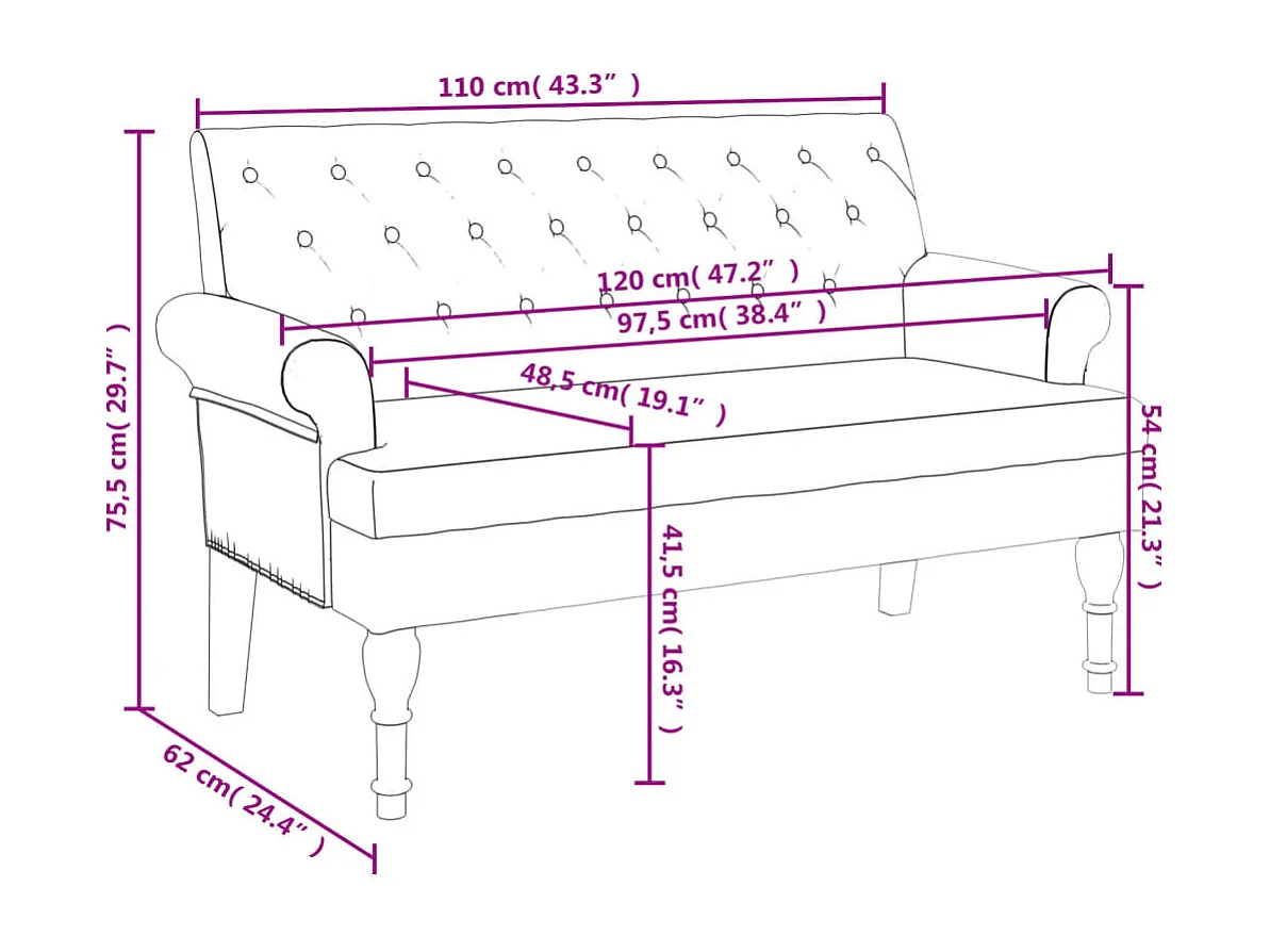 Banc avec dossier marron foncé 120x62x75,5 cm tissu