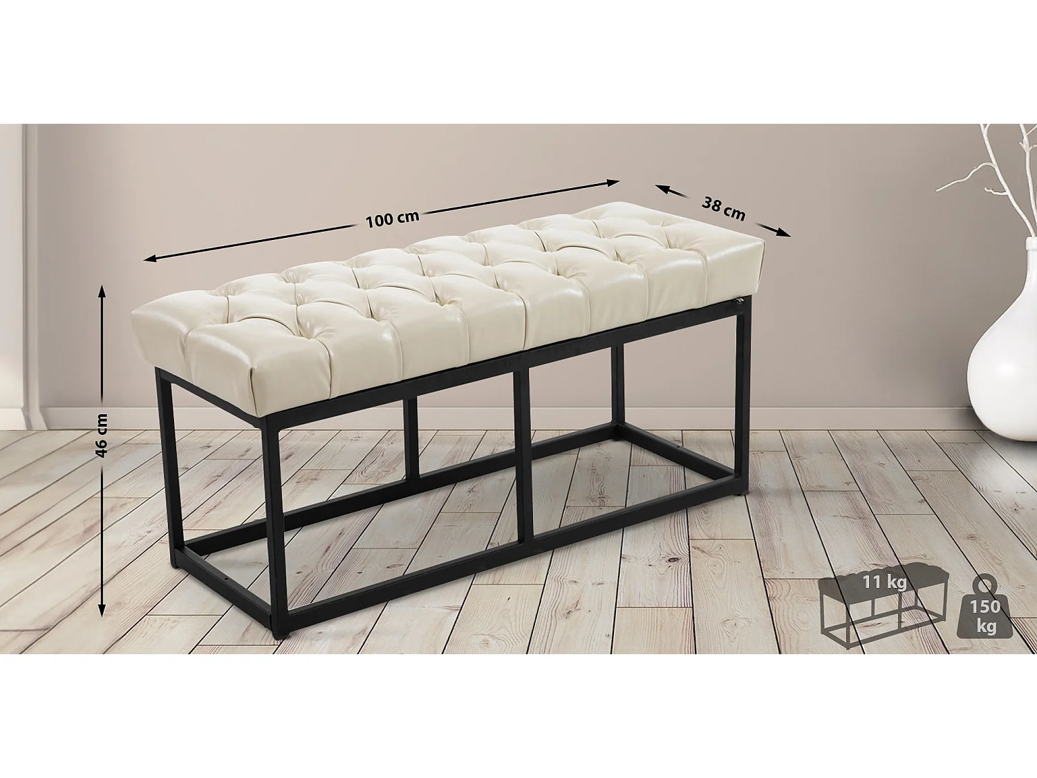 Banquette - Similicuir & Métal noir mat - Crème - Amun